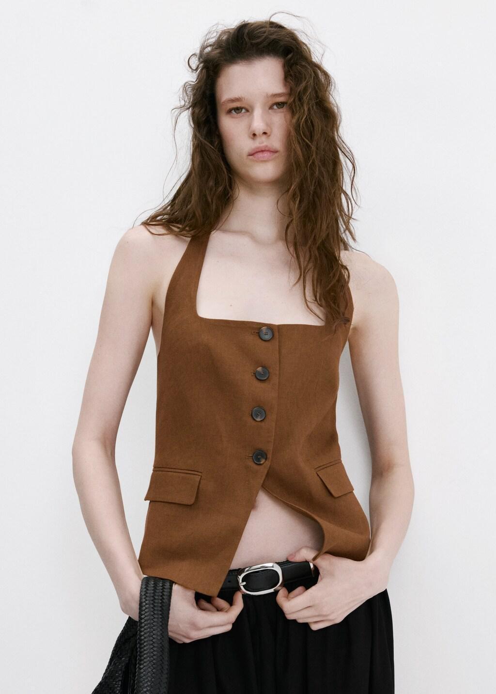 Brown Linen Suit Waistcoat, Brown, large image number 3