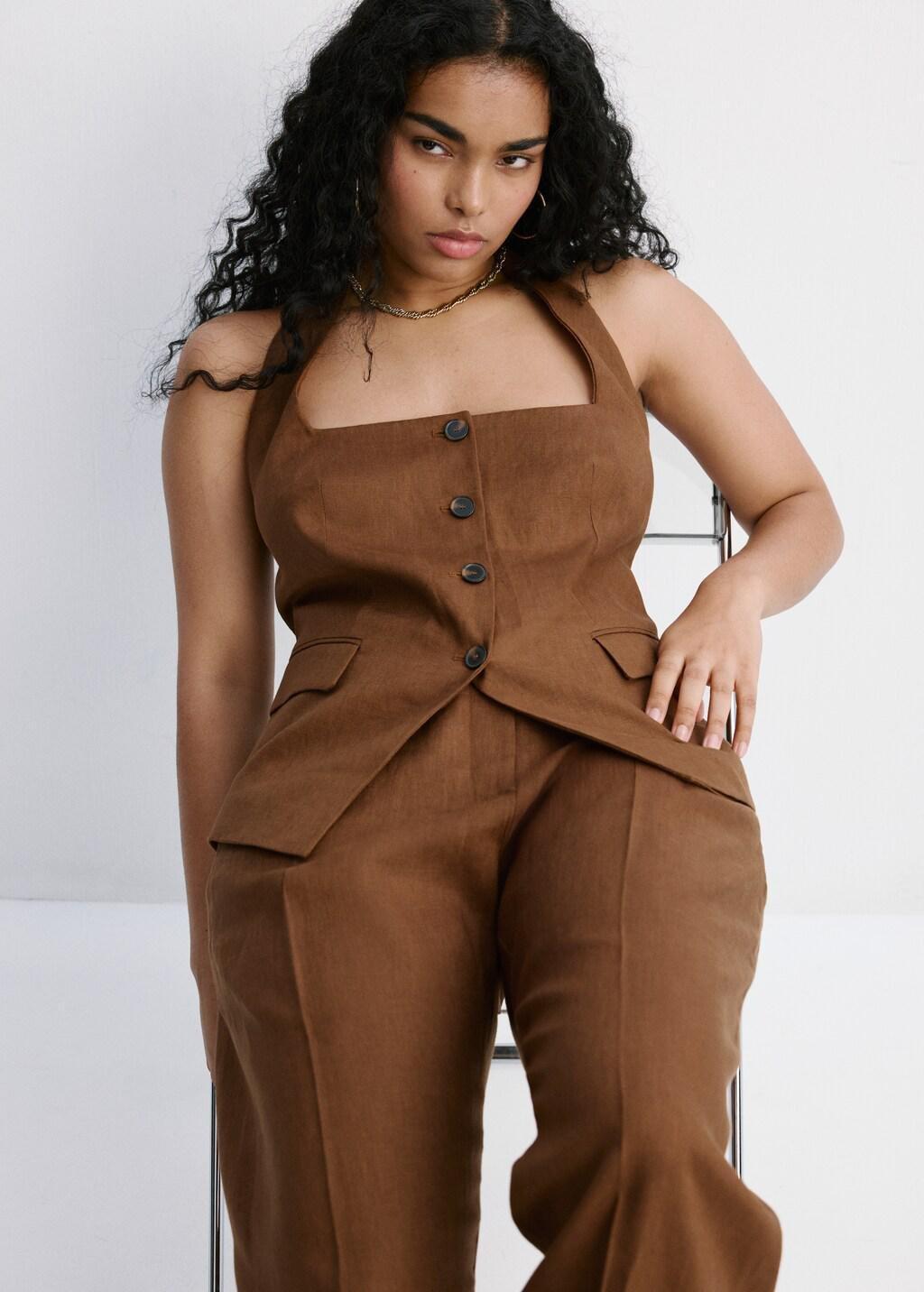 Brown Linen Suit Waistcoat, Brown, large image number 6