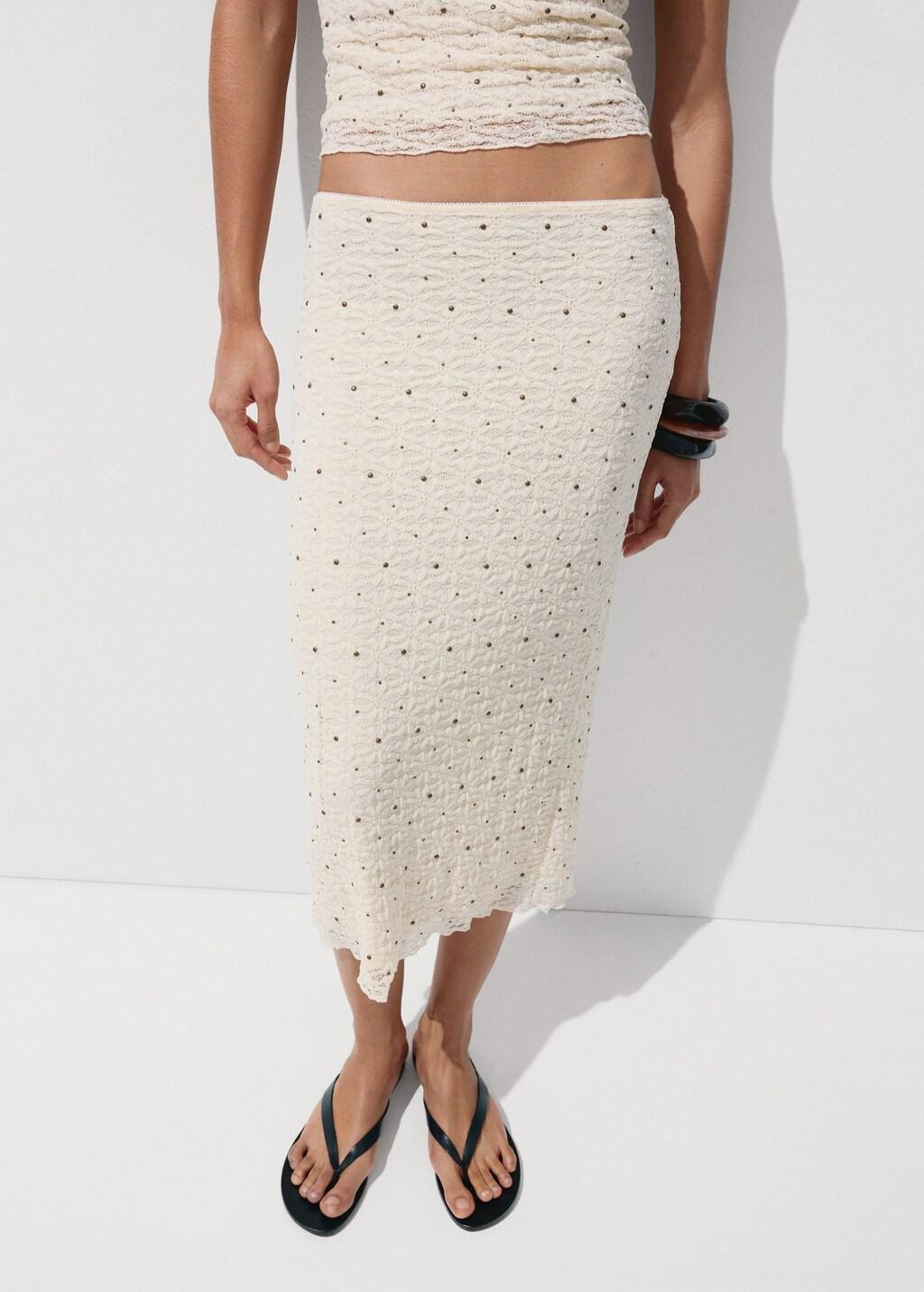 Beige Midi Skirt With Studs, Light Beige, large image number 3