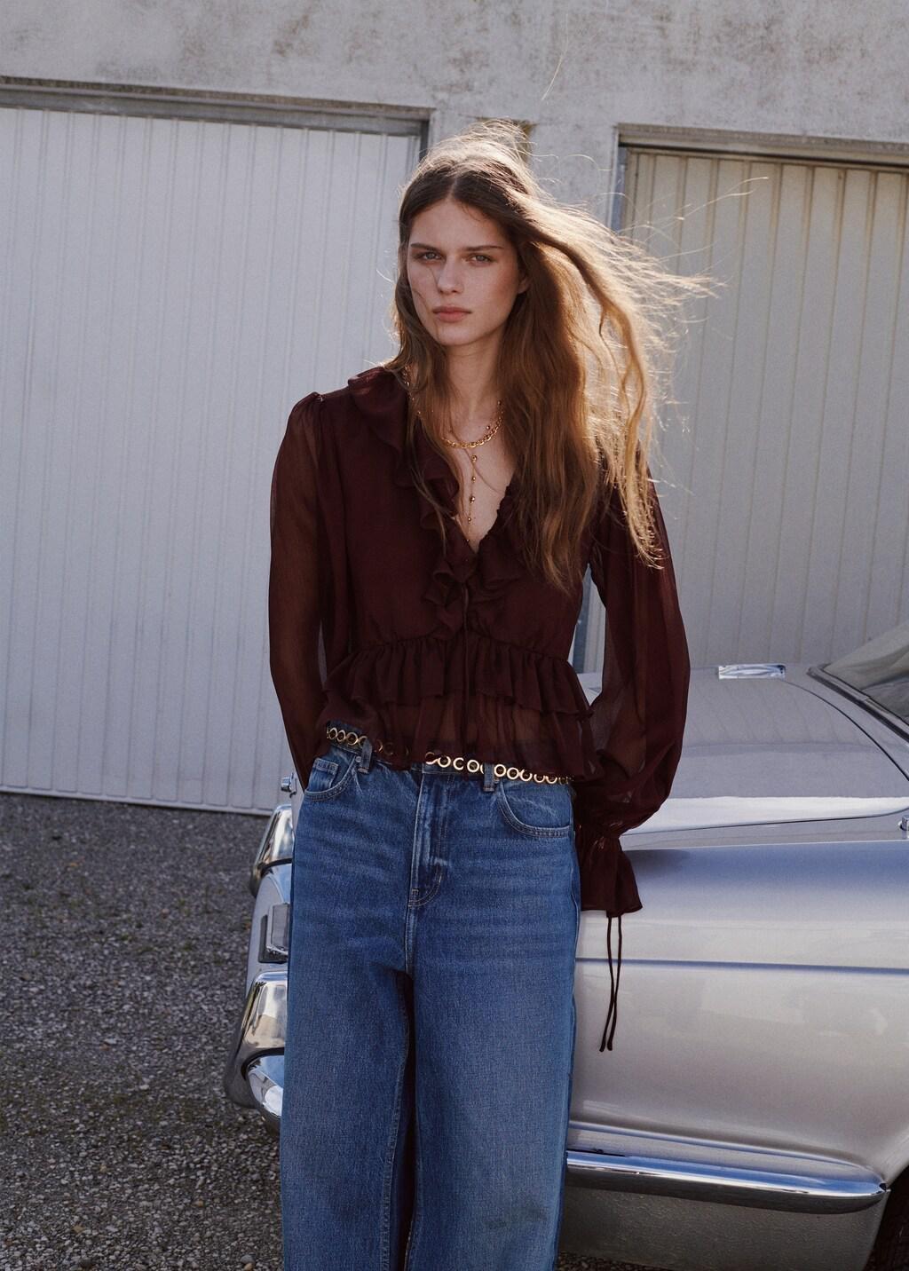 Brown Fluid Ruffled Blouse, Dark Brown, medium