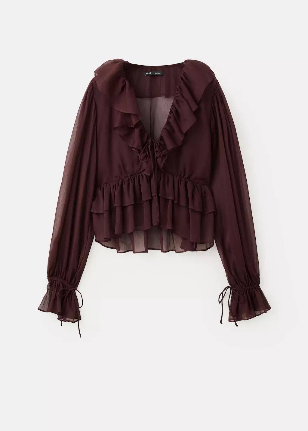 Brown Fluid Ruffled Blouse, Dark Brown, large image number 7