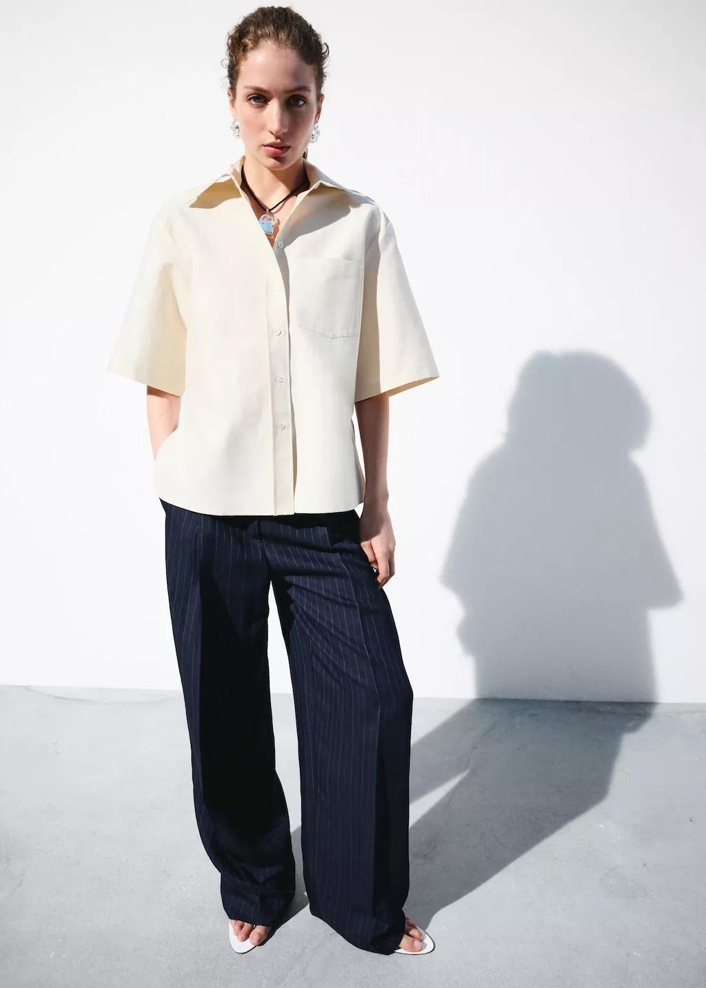 Beige Short-Sleeve Tie-Front Blouse, Light Beige, large image number 0