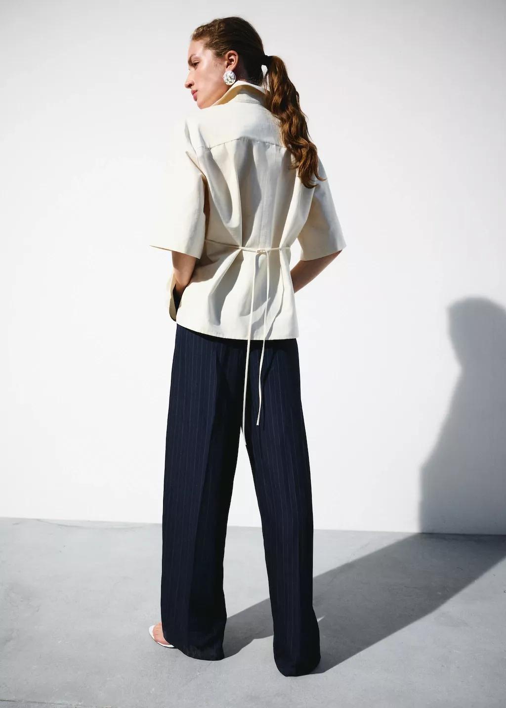 Beige Short-Sleeve Tie-Front Blouse, Light Beige, medium