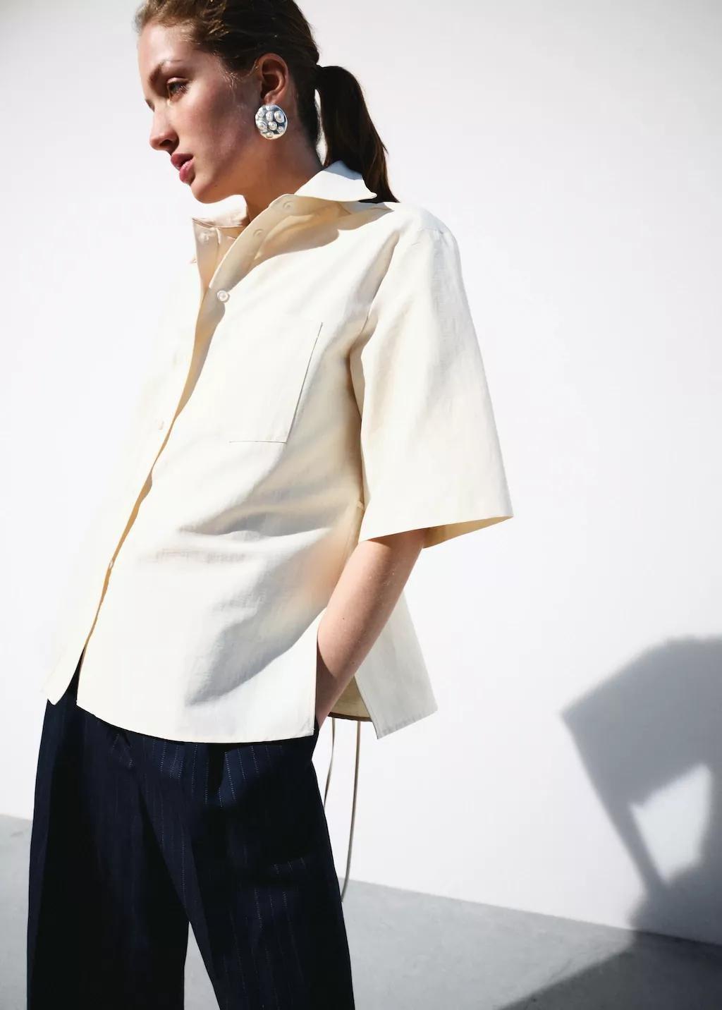 Beige Short-Sleeve Tie-Front Blouse, Light Beige, large image number 3