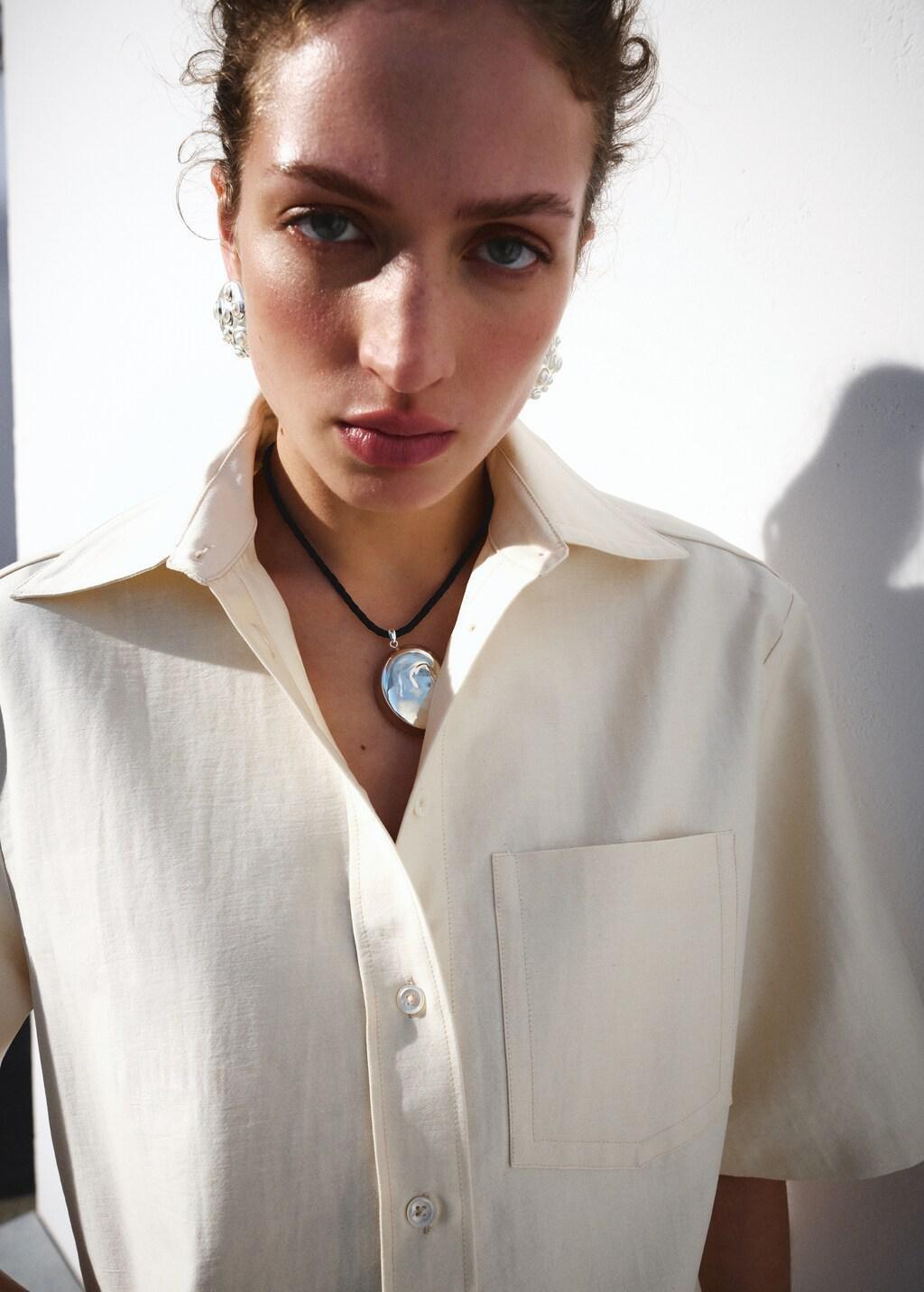 Beige Short-Sleeve Tie-Front Blouse, Light Beige, large image number 4