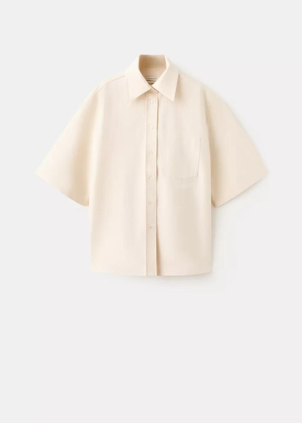 Beige Short-Sleeve Tie-Front Blouse, Light Beige, large image number 8