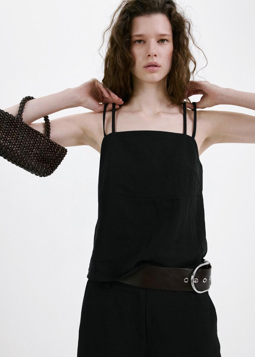 Black Lyocell Top With Double Straps, Black, large image number 3