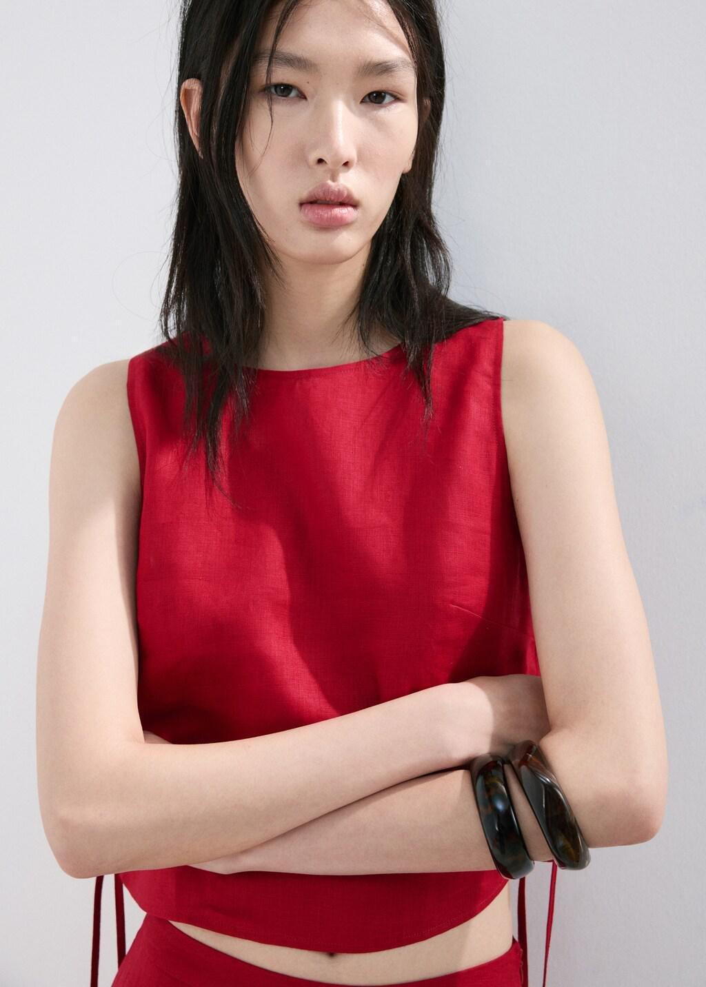 Red Linen Top With Ties, 0201_70, large image number 3