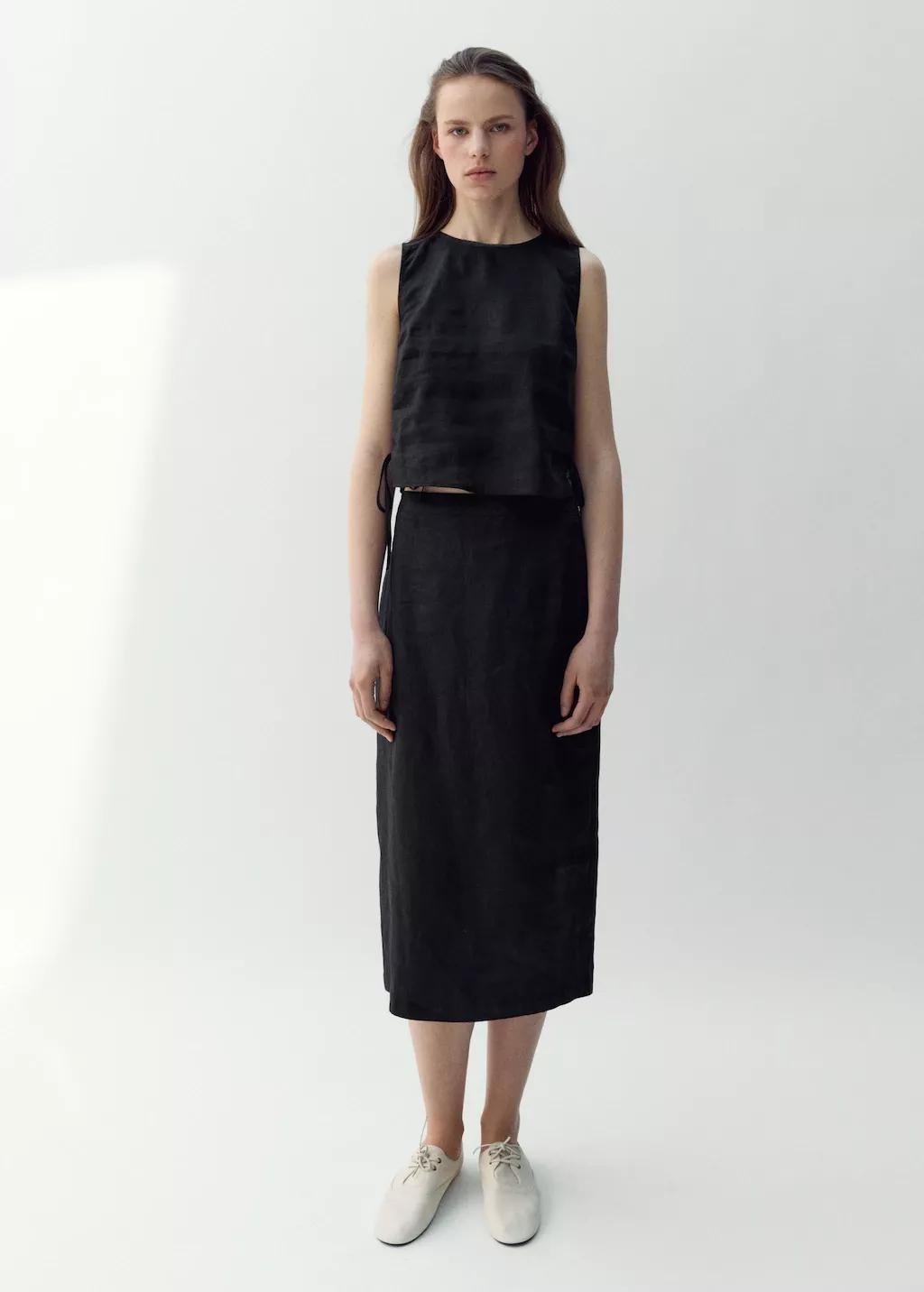 Black Linen Top With Ties, Black, medium
