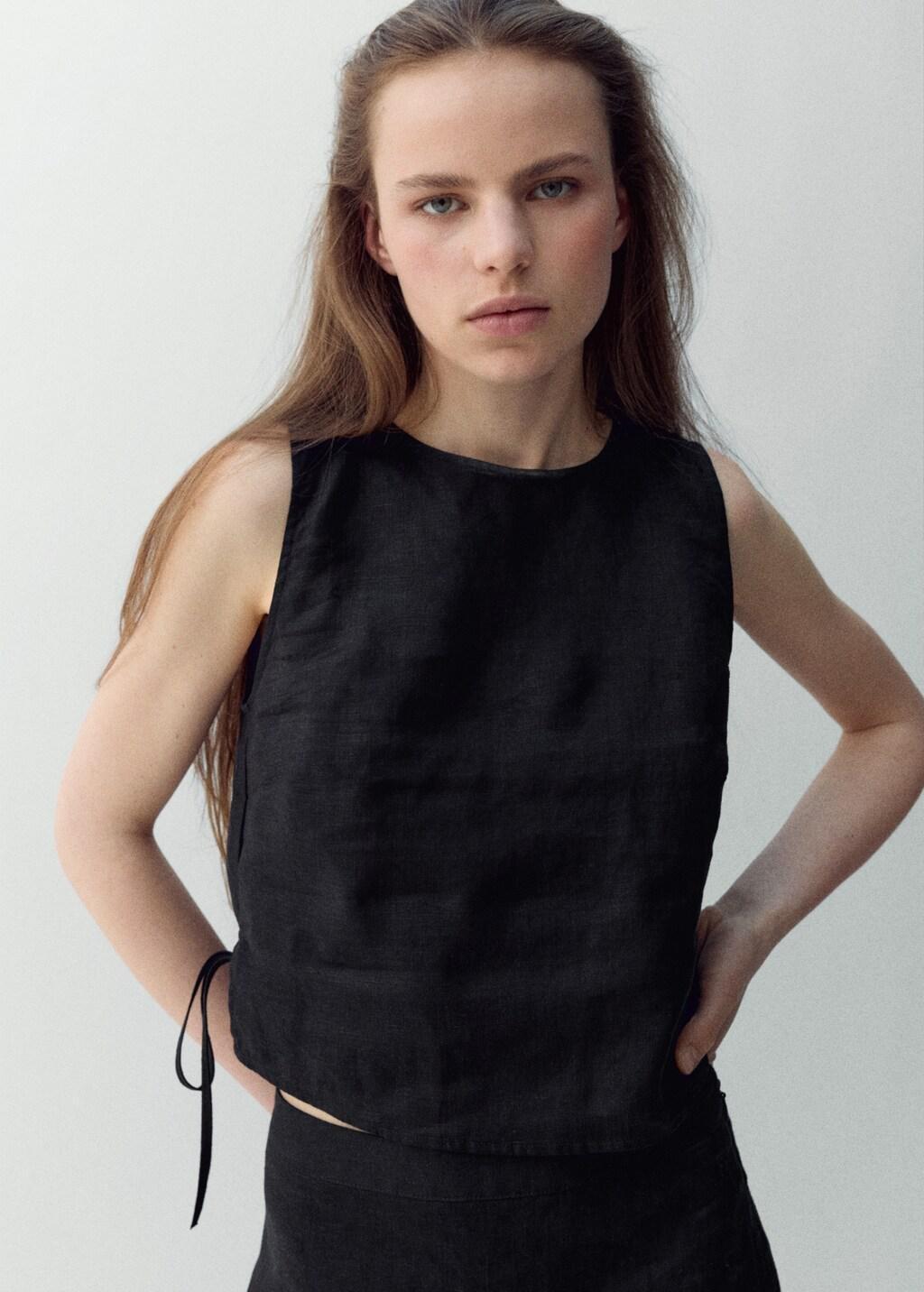 Black Linen Top With Ties, Black, large image number 3