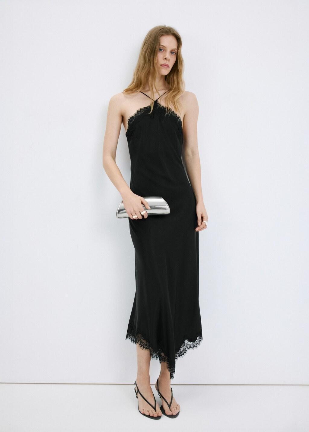 Black Satin Camisole Dress, Black, large image number 0