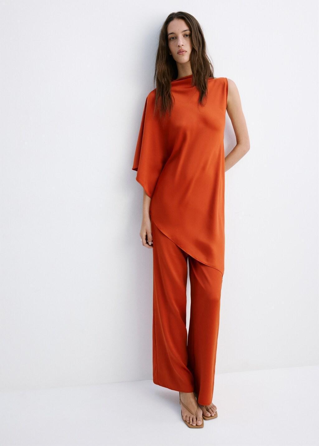 Orange Asymmetric Satin Blouse, 0201_79, large image number 0