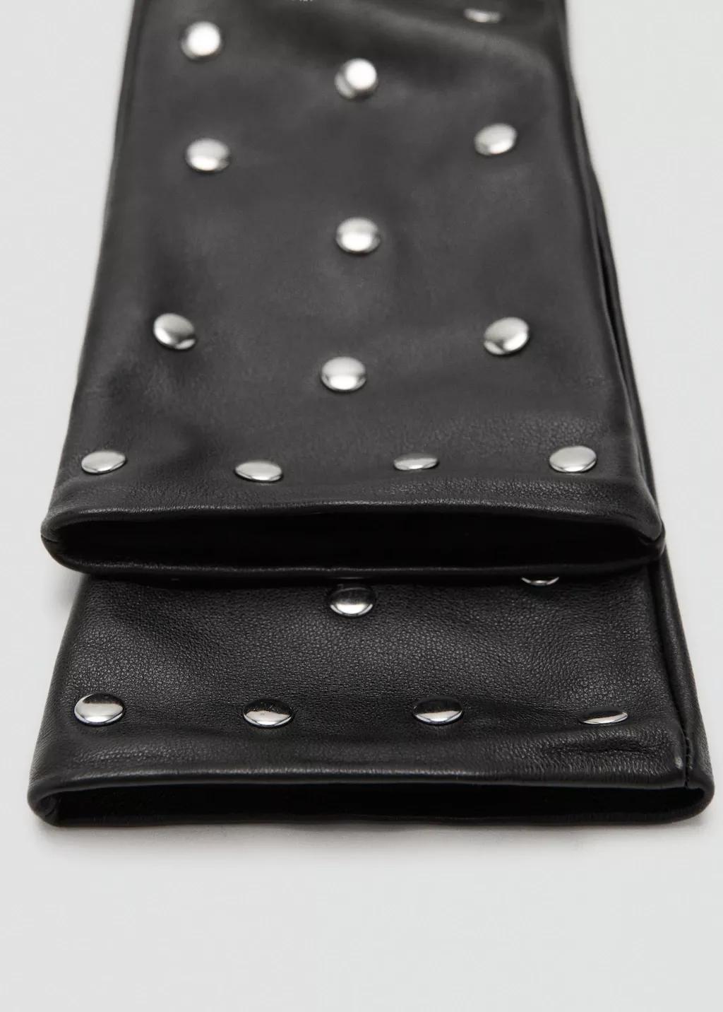 Black Studded Leather Gloves, Black, large image number 1