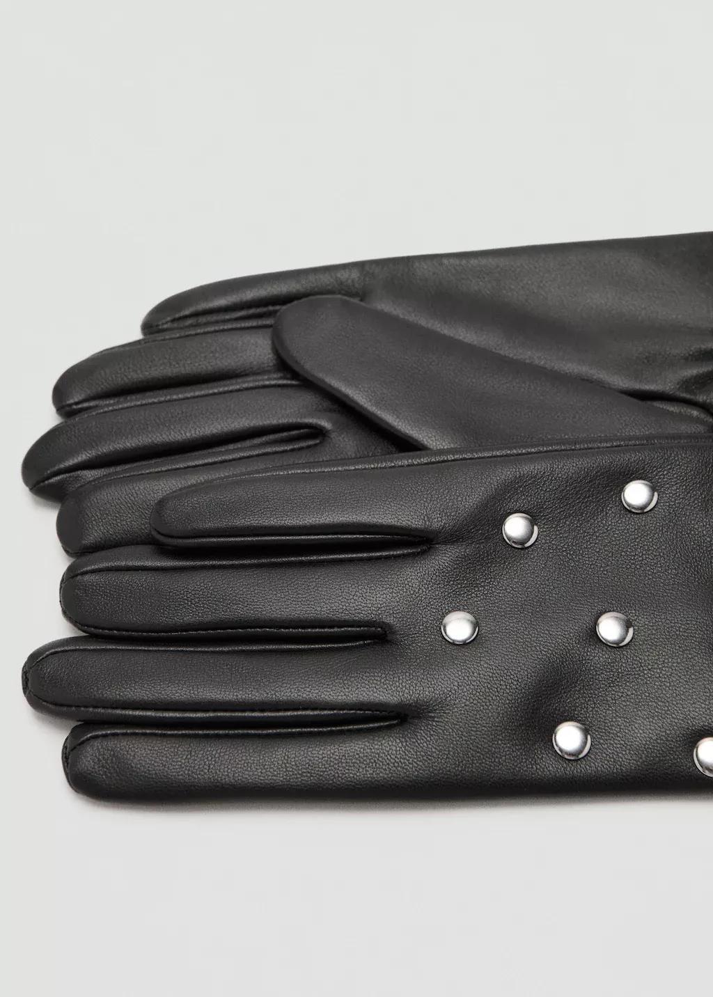 Black Studded Leather Gloves, Black, medium