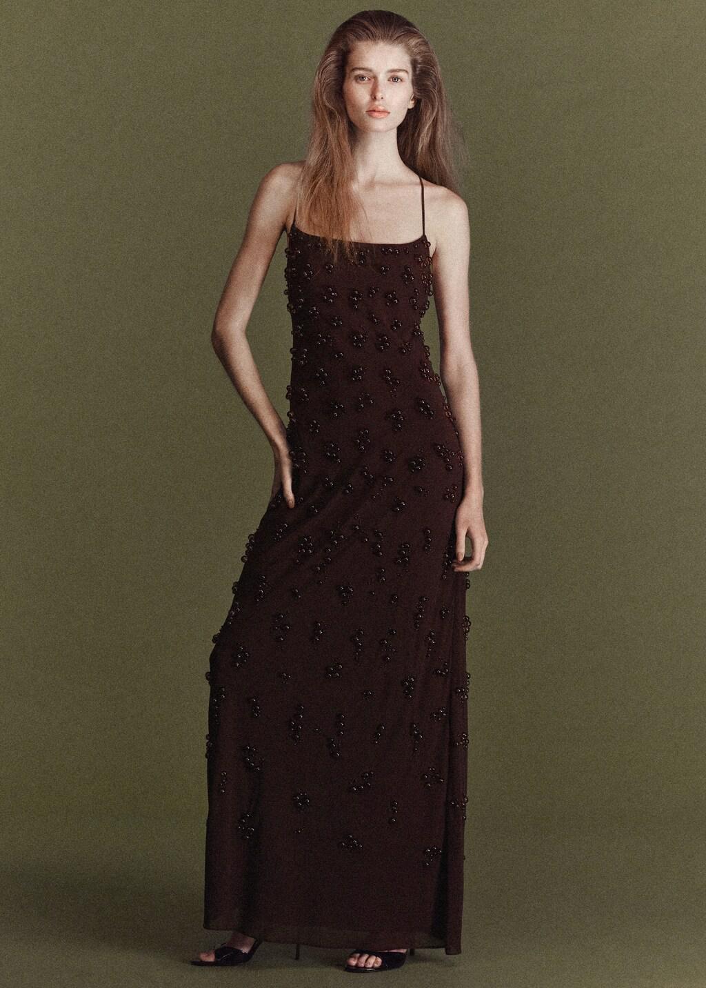 Brown Long Dress With Embroidered Spheres, Brown, medium