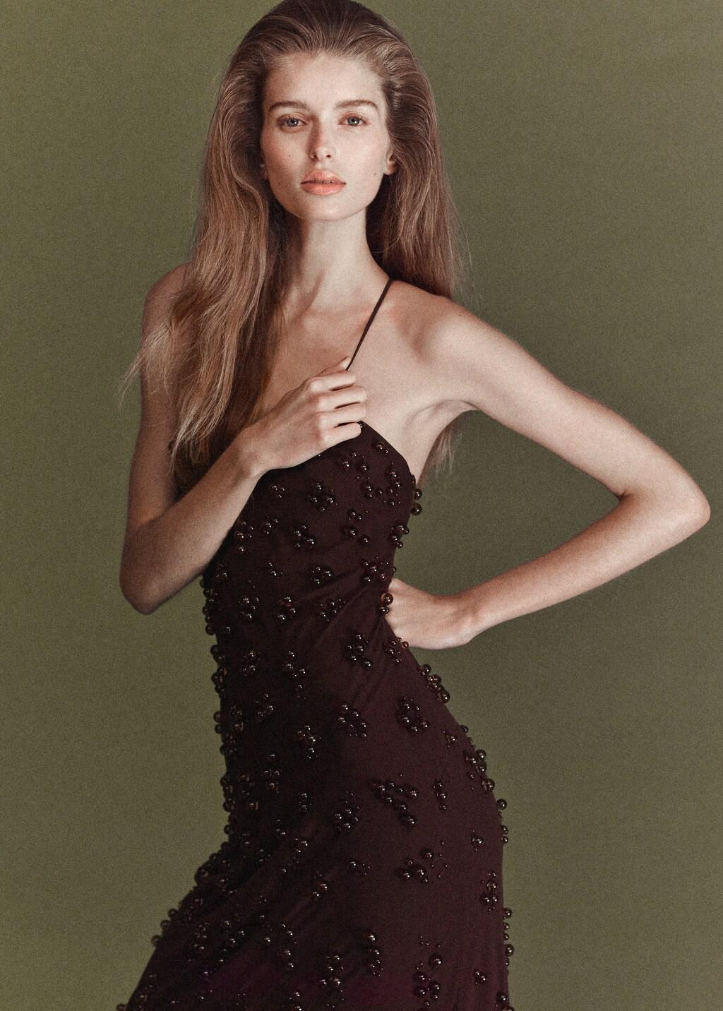 Brown Long Dress With Embroidered Spheres, Brown, large image number 3