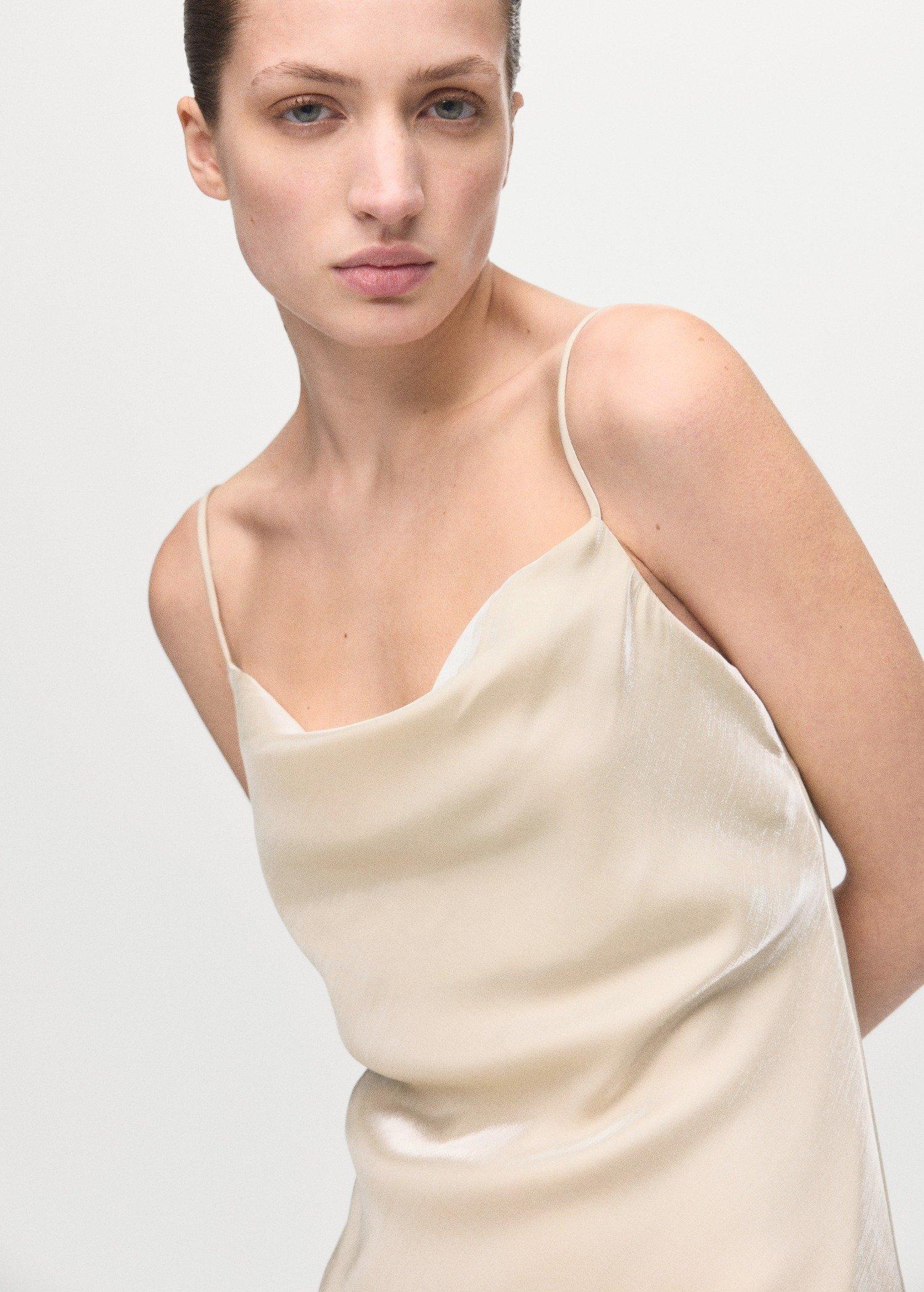 Beige Satin Dress With A Low-Cut Neckline, Light Beige, large image number 3