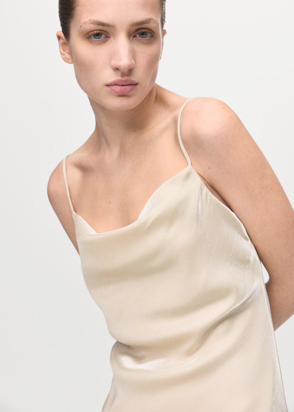 Beige Satin Dress With A Low-Cut Neckline, Light Beige, large image number 7