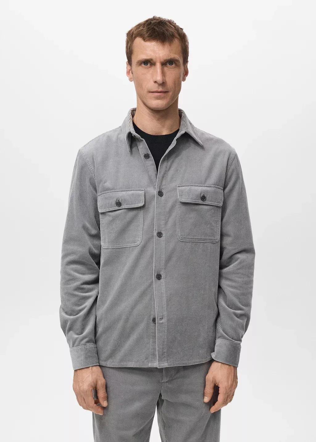Grey Corduroy Overshirt With Pockets, Light Pastel Grey, large image number 3