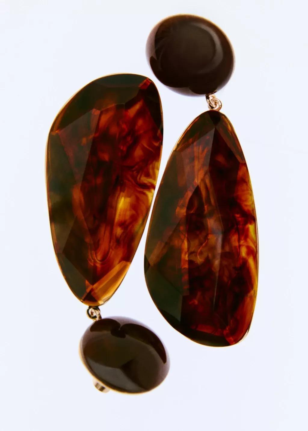 Brown Resin Pendant Earrings, Brown, large image number 1