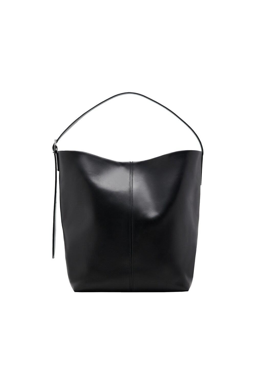 Black Large Leather Bucket Bag, Black, medium