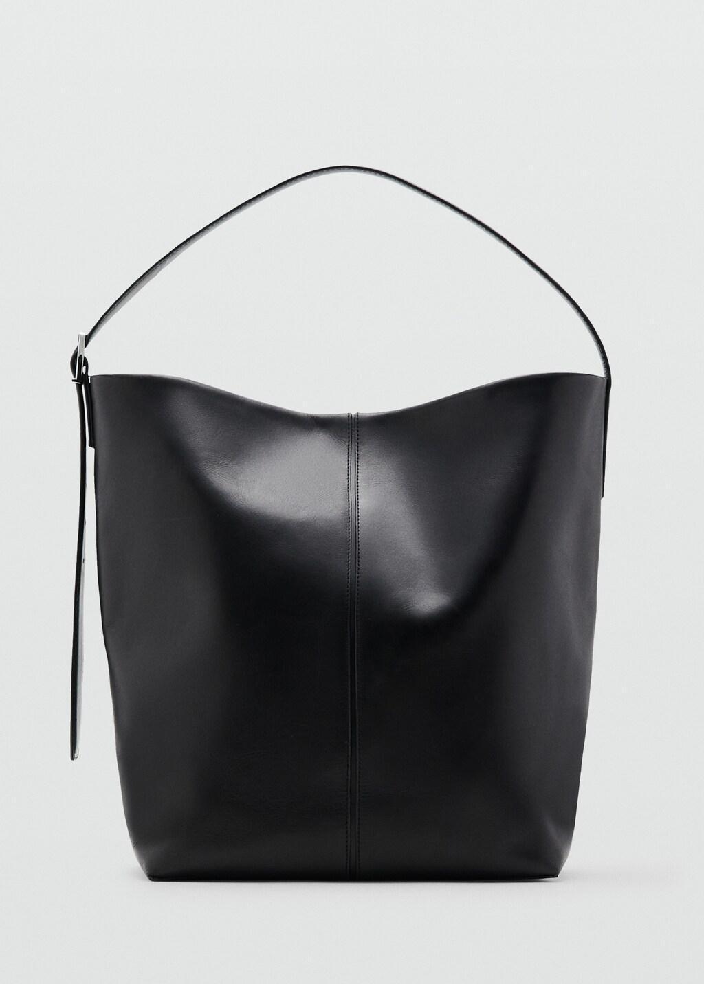 Black Large Leather Bucket Bag, Black, large image number 3
