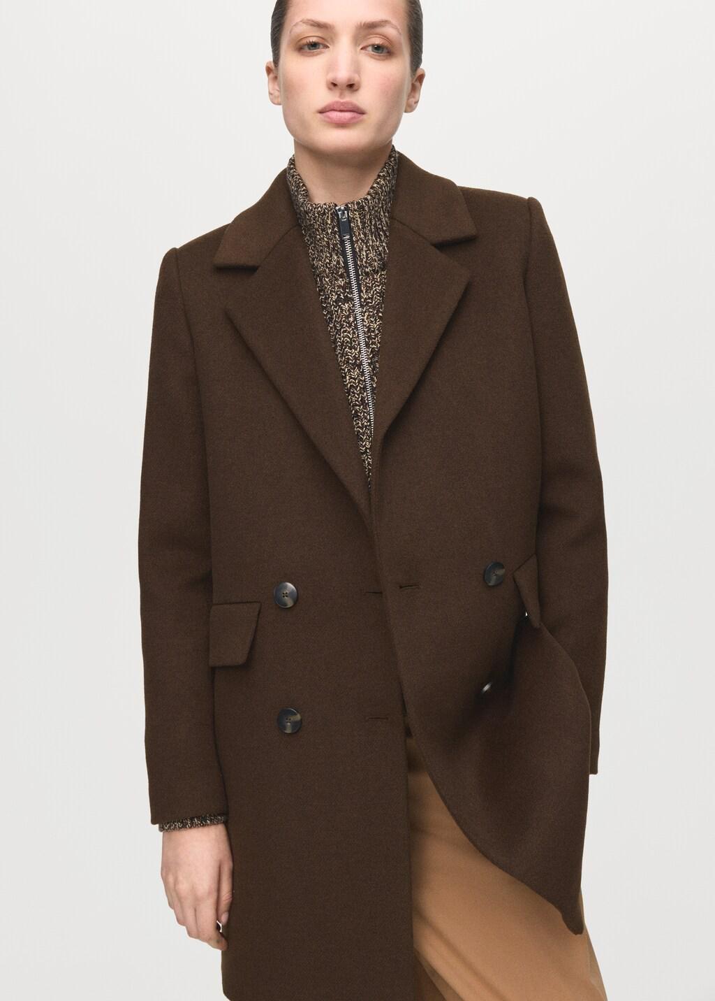 Brown Double-Breasted Wool Blend Coat, 0201_32, large image number 4