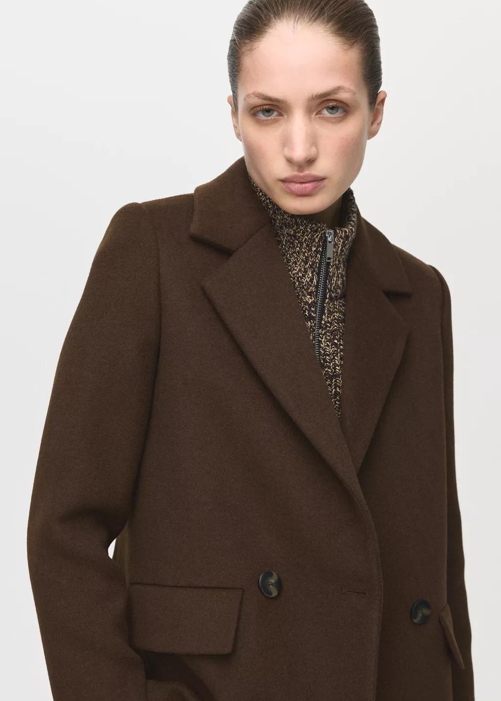 Brown Double-Breasted Wool Blend Coat, 0201_32, large image number 5
