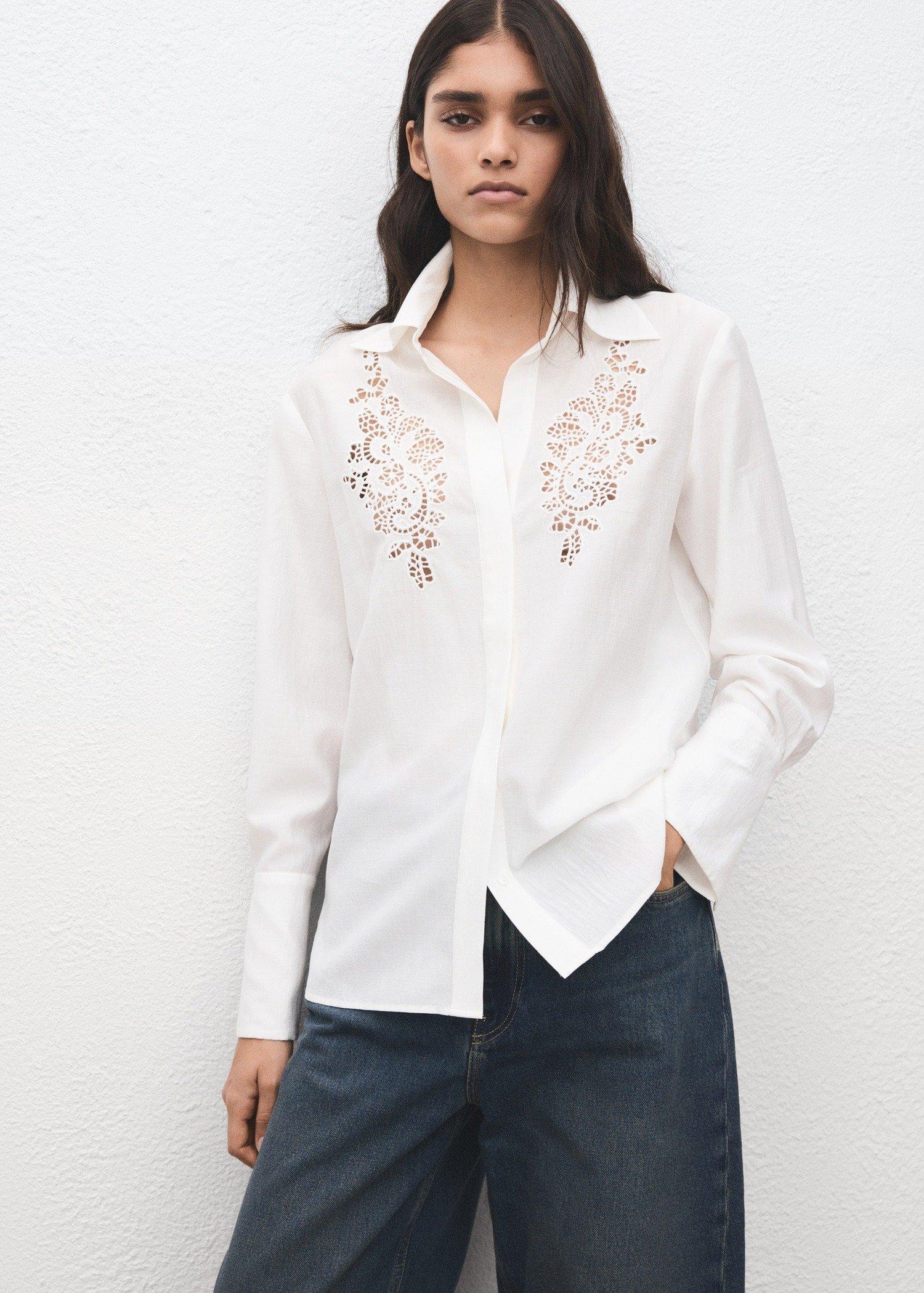 White Embroidered Openwork Shirt, 0201_02, large image number 0