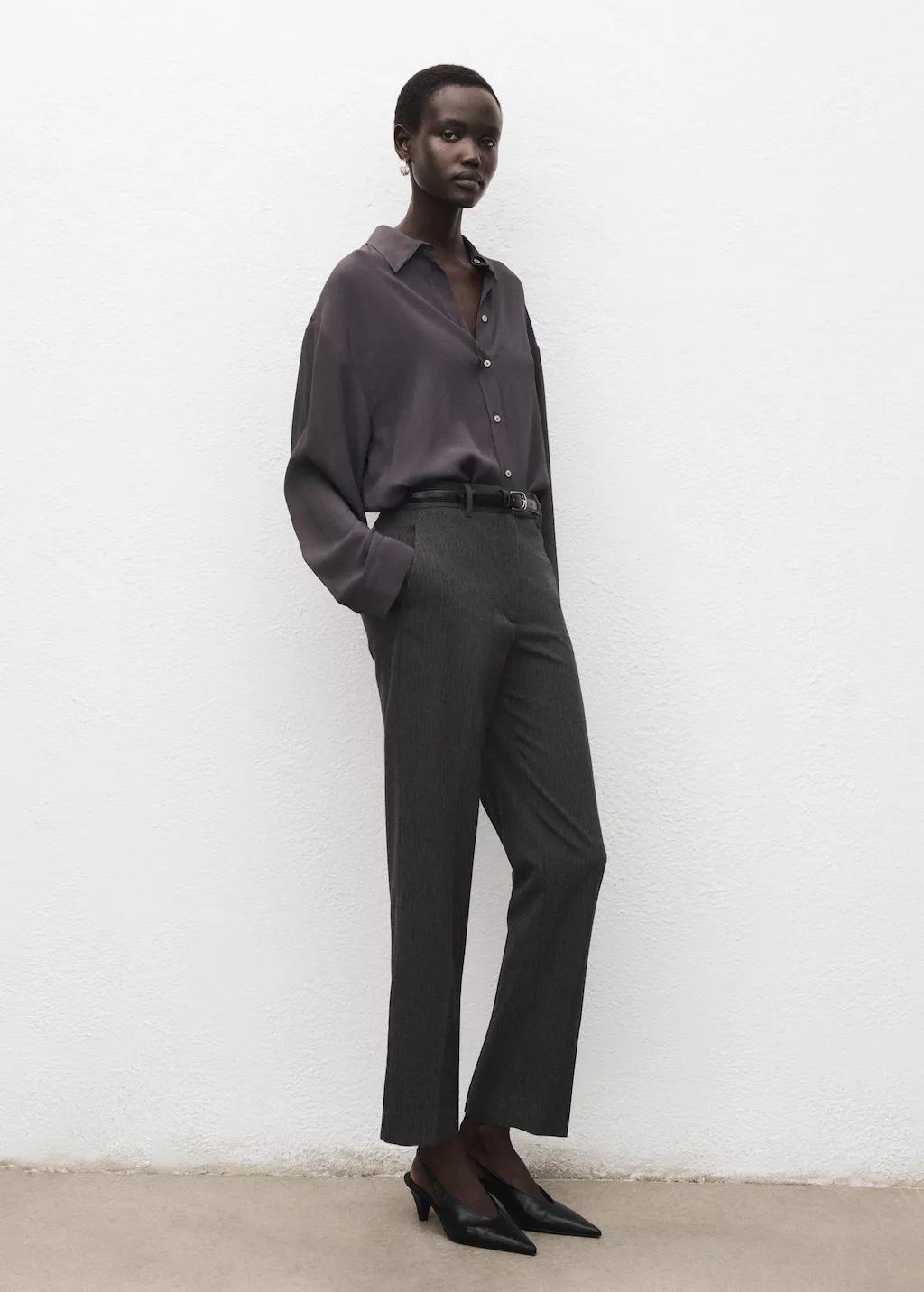 Grey Slim Cropped Pinstripe Trousers, Grey, large image number 0
