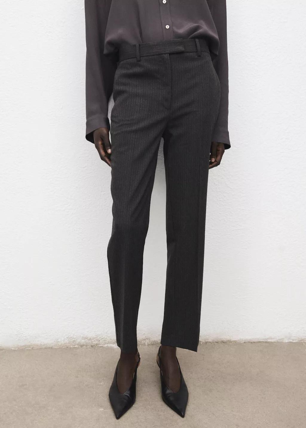 Grey Slim Cropped Pinstripe Trousers, Grey, large image number 3