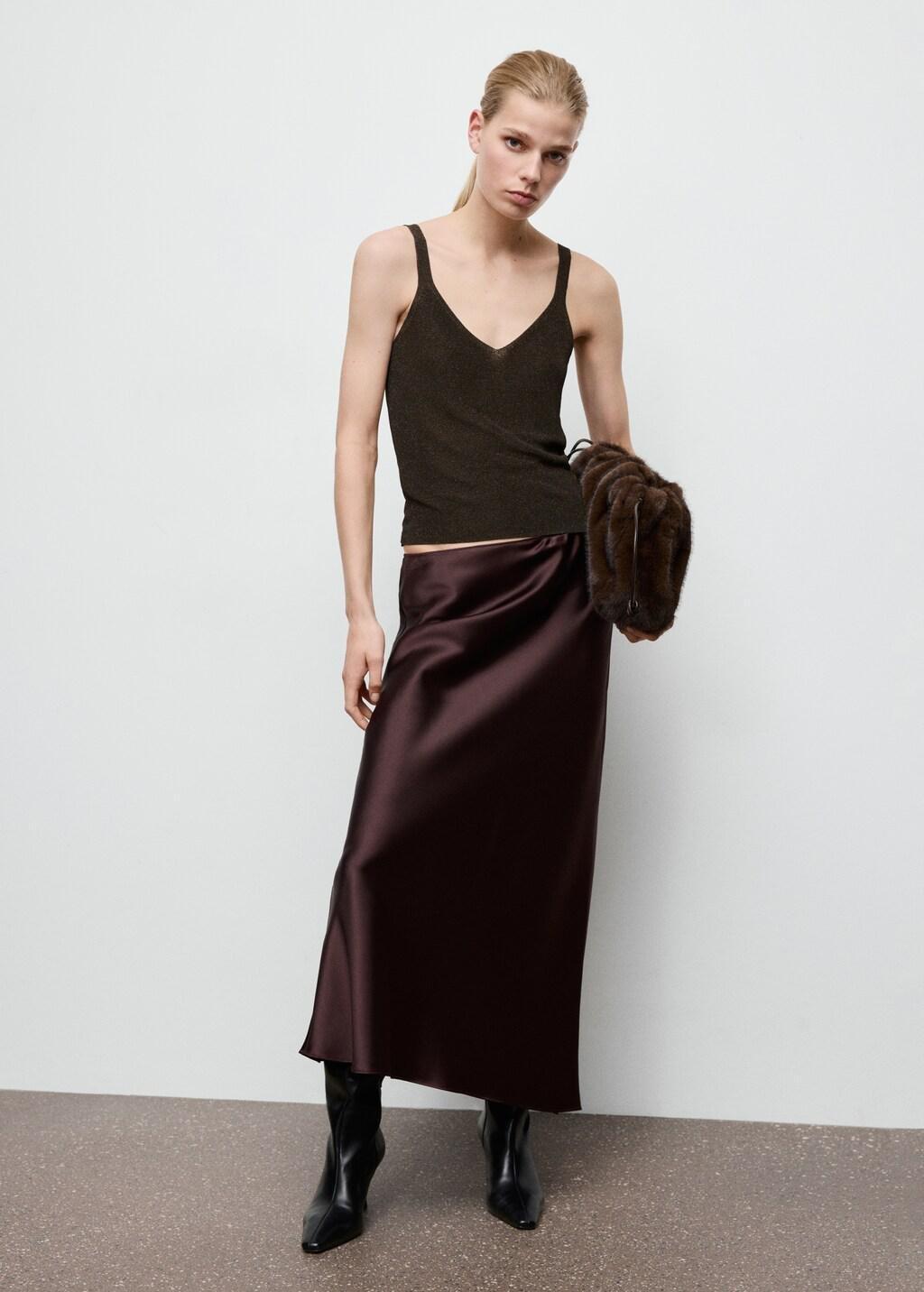 Brown Lurex Knitted V-Neck Top, Dark Brown, large image number 0