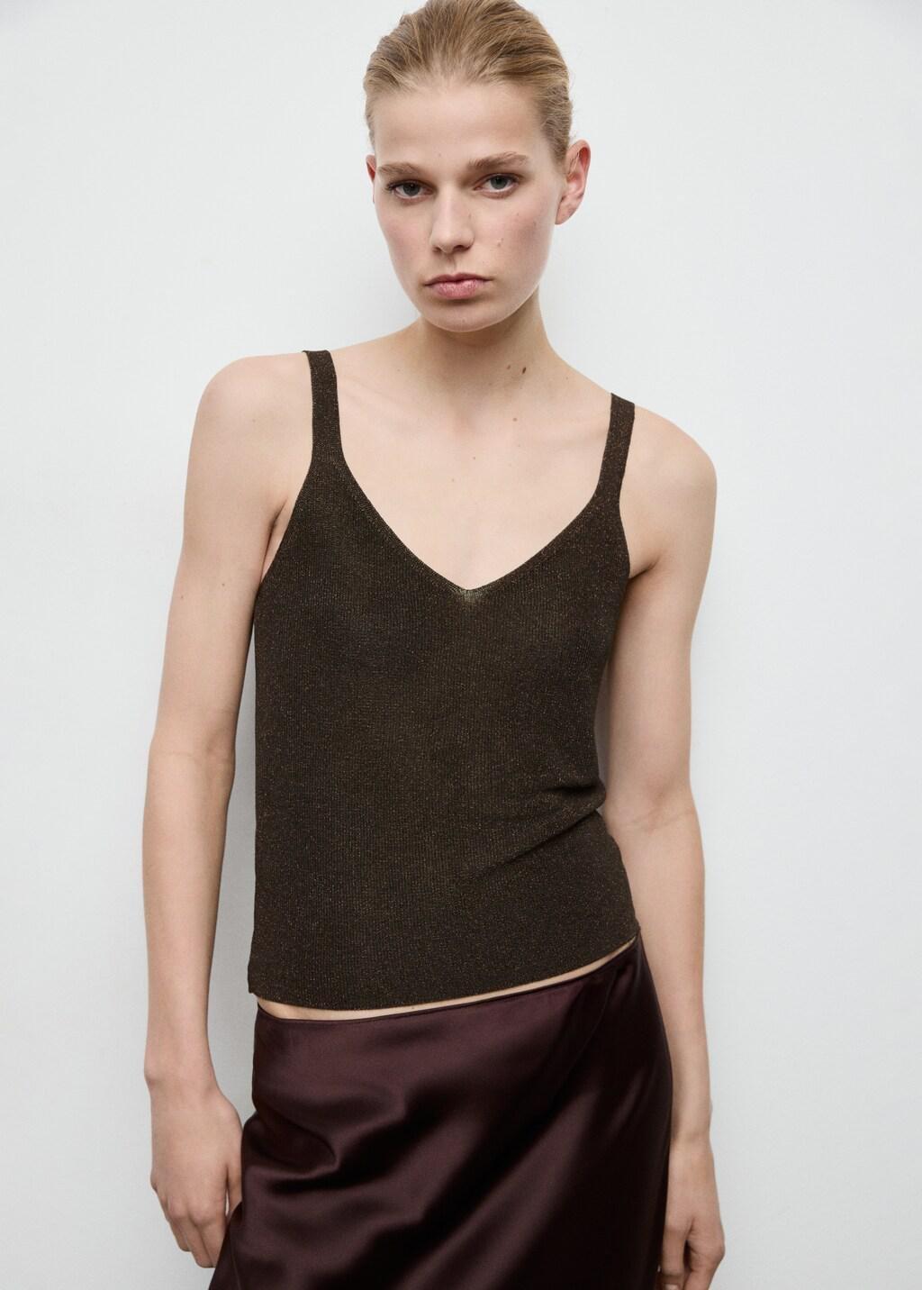 Brown Lurex Knitted V-Neck Top, Dark Brown, large image number 3