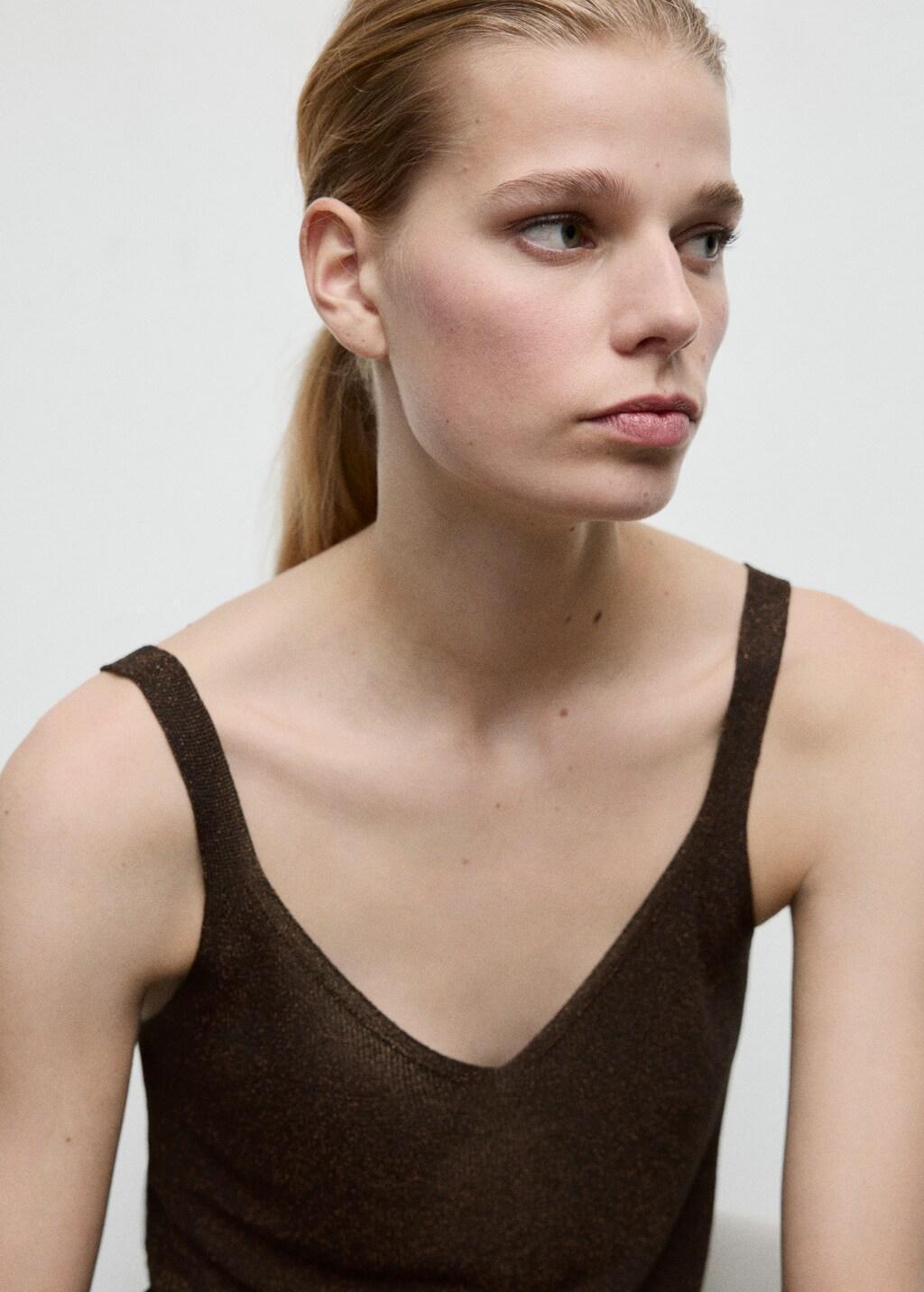 Brown Lurex Knitted V-Neck Top, Dark Brown, large image number 4