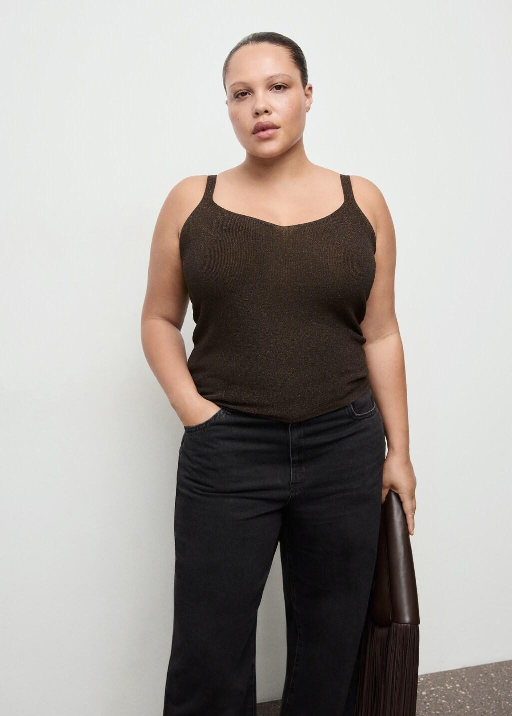 Brown Lurex Knitted V-Neck Top, Dark Brown, large image number 6