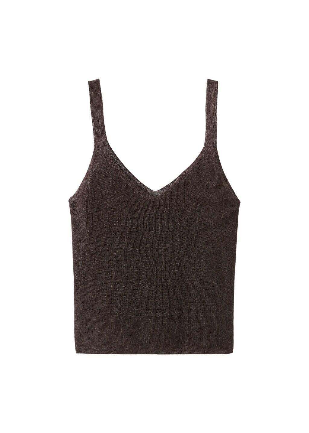 Brown Lurex Knitted V-Neck Top, Dark Brown, large image number 7