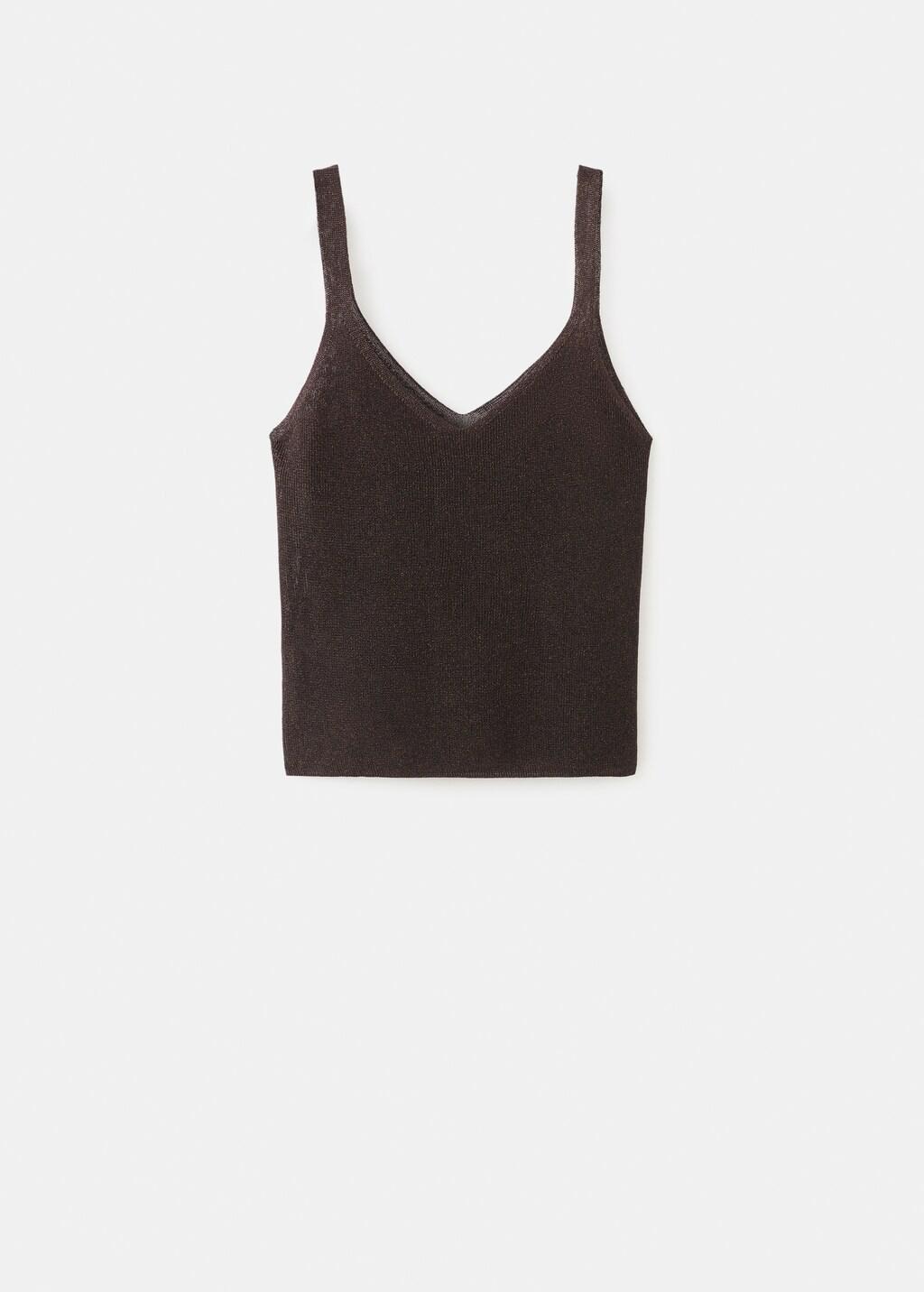 Brown Lurex Knitted V-Neck Top, Dark Brown, large image number 8