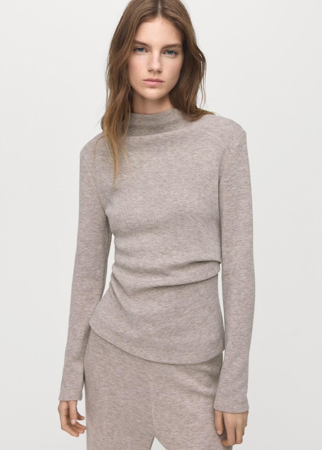 Brown Fine-Knit Perkins-Neck Sweatshirt, Medium Brown, large image number 3