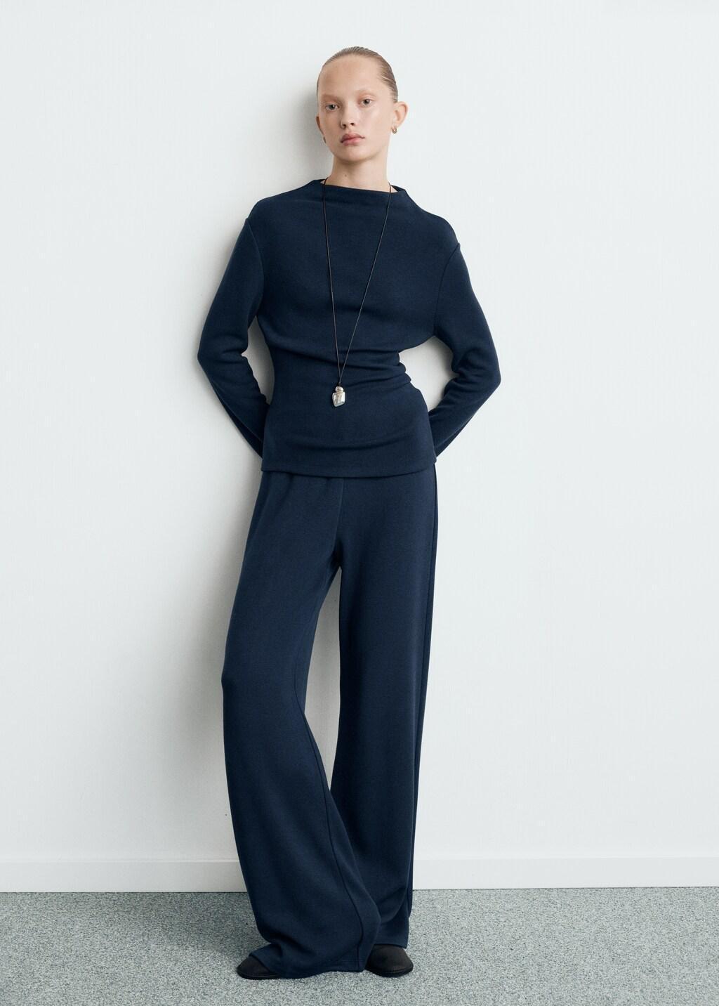 Navy Fine-Knit Perkins-Neck Sweatshirt, 0201_56, large image number 0