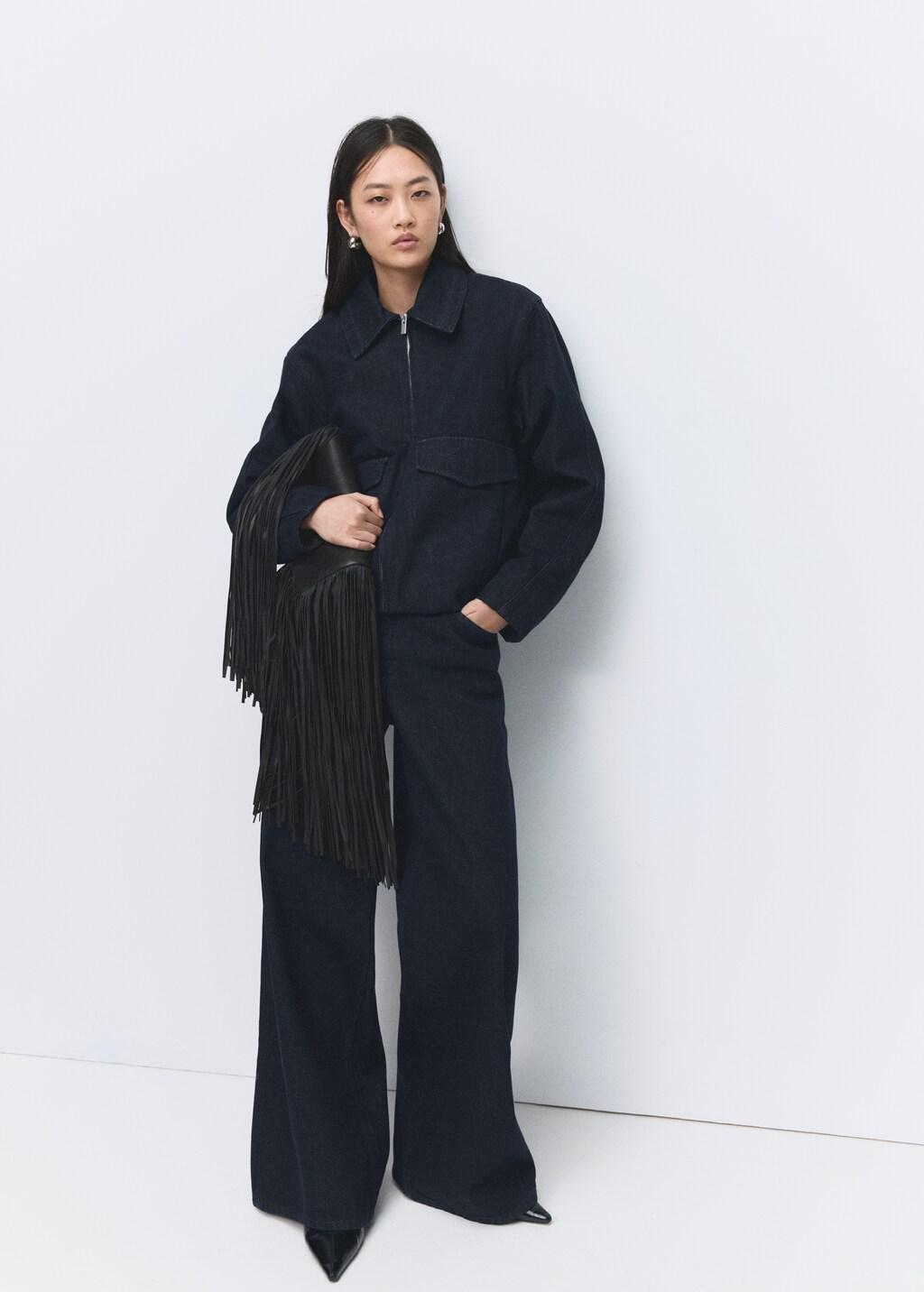 Blue Denim Jacket With Fur Collar, Open Blue, medium