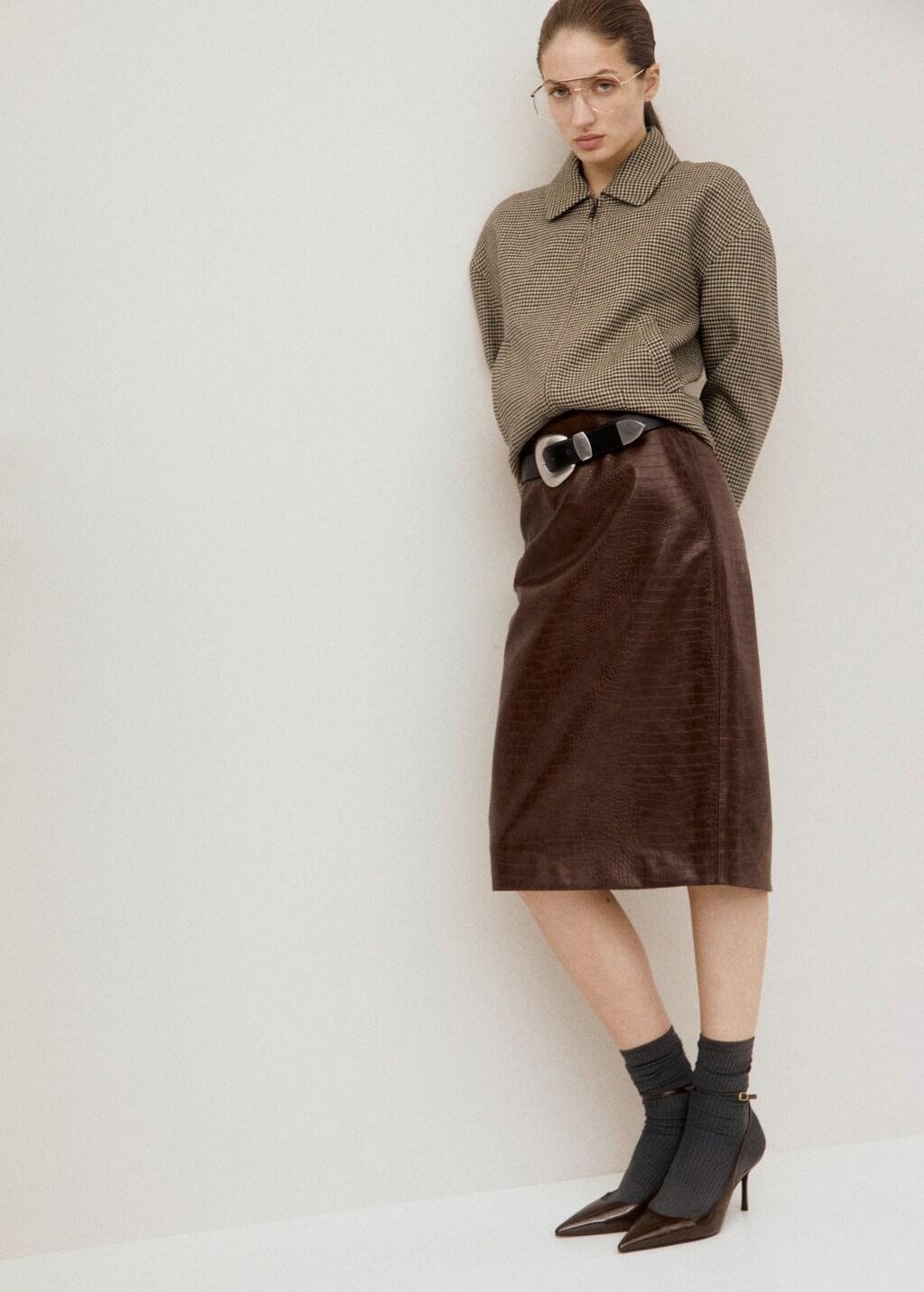 Brown Croc-Effect Midi-Skirt, Brown, large