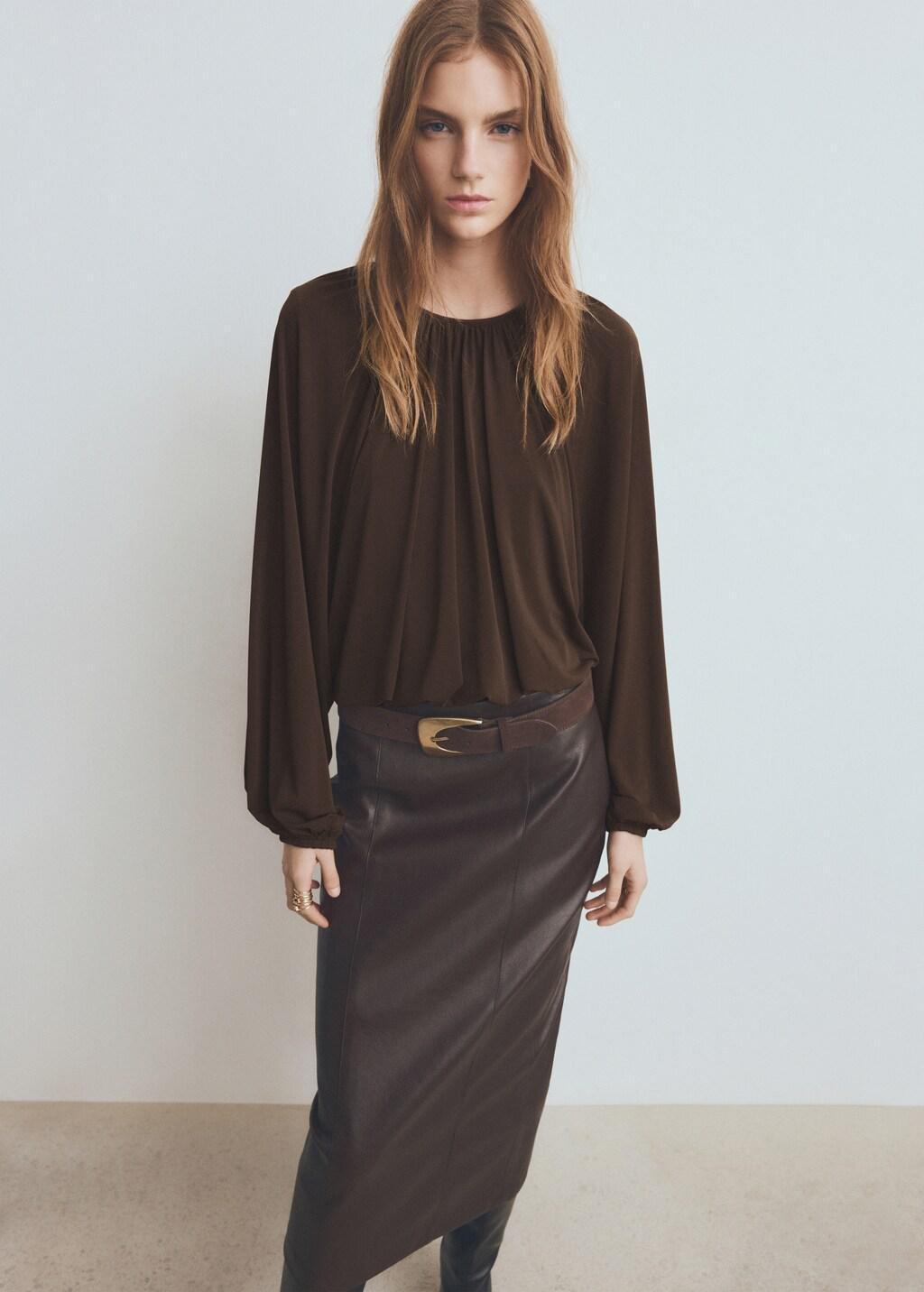 Brown Fine-Knit Ruched Blouse, Brown, large image number 3