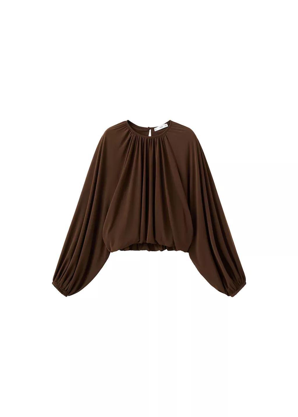 Brown Fine-Knit Ruched Blouse, Brown, large image number 5