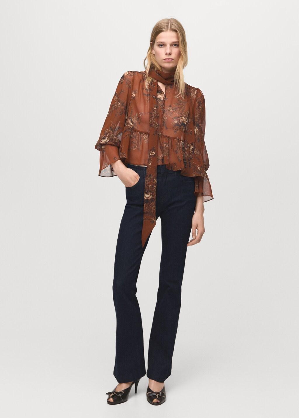 Brown Floral-Print Blouse With Bow, Rust - Copper, medium