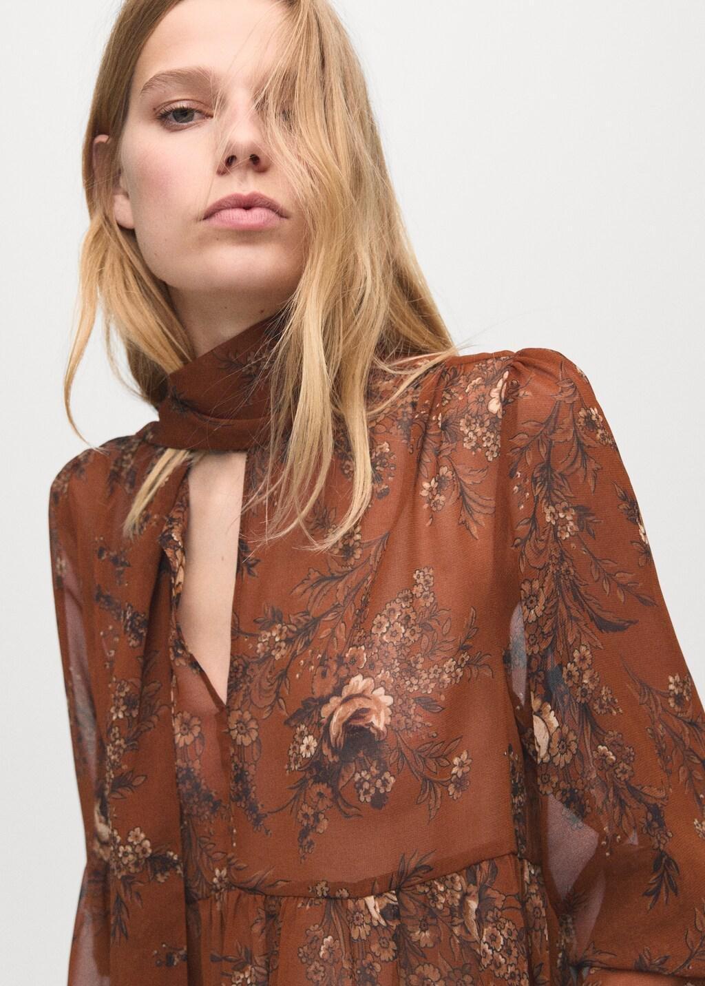 Brown Floral-Print Blouse With Bow, Rust - Copper, large image number 3