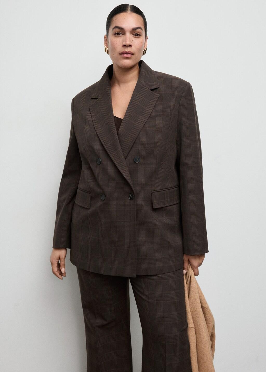 Brown Double-Breasted Check Suit Jacket, 0201_30, large image number 6