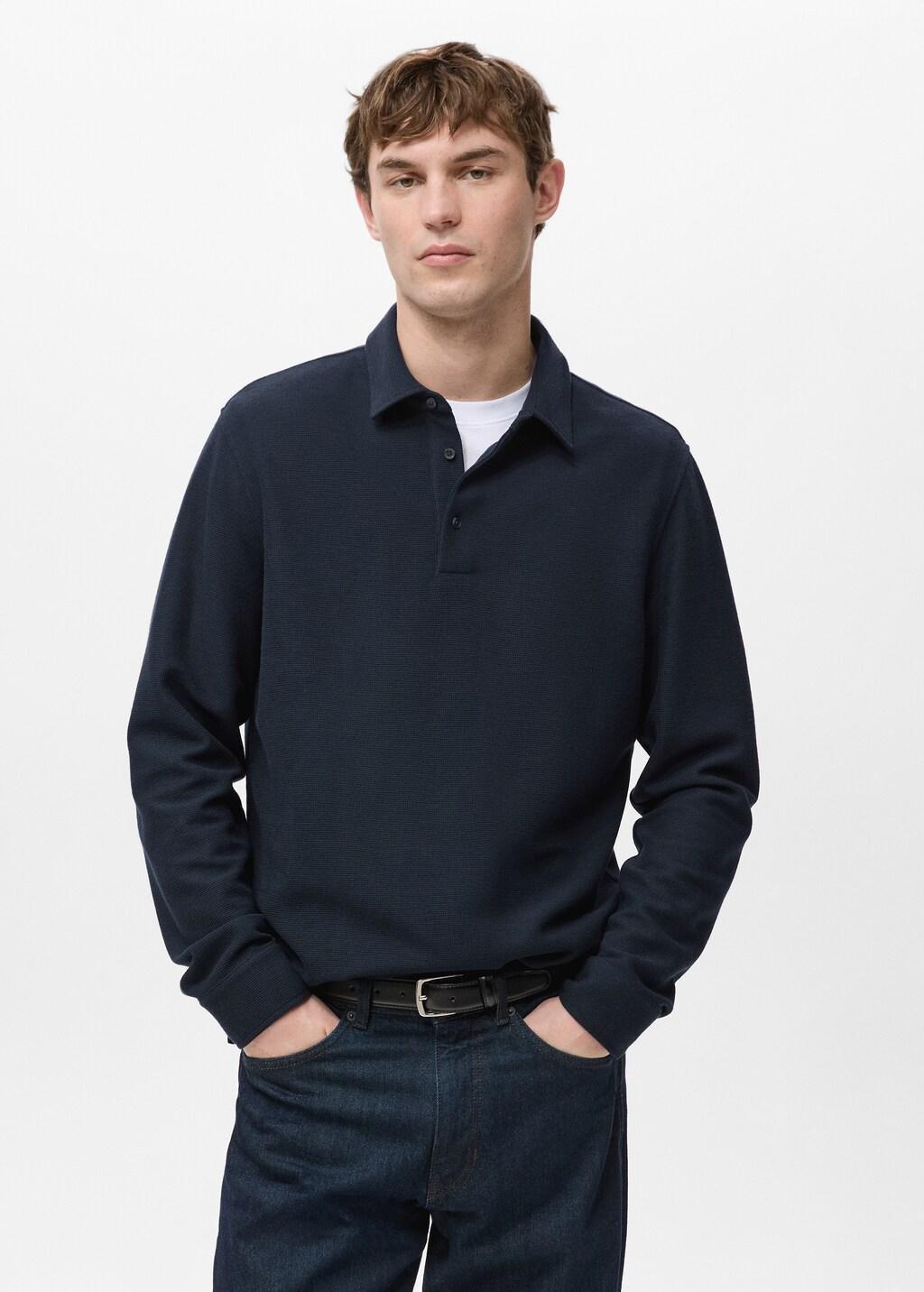 Navy Knitted Structured Polo Sweater, Navy, large image number 2
