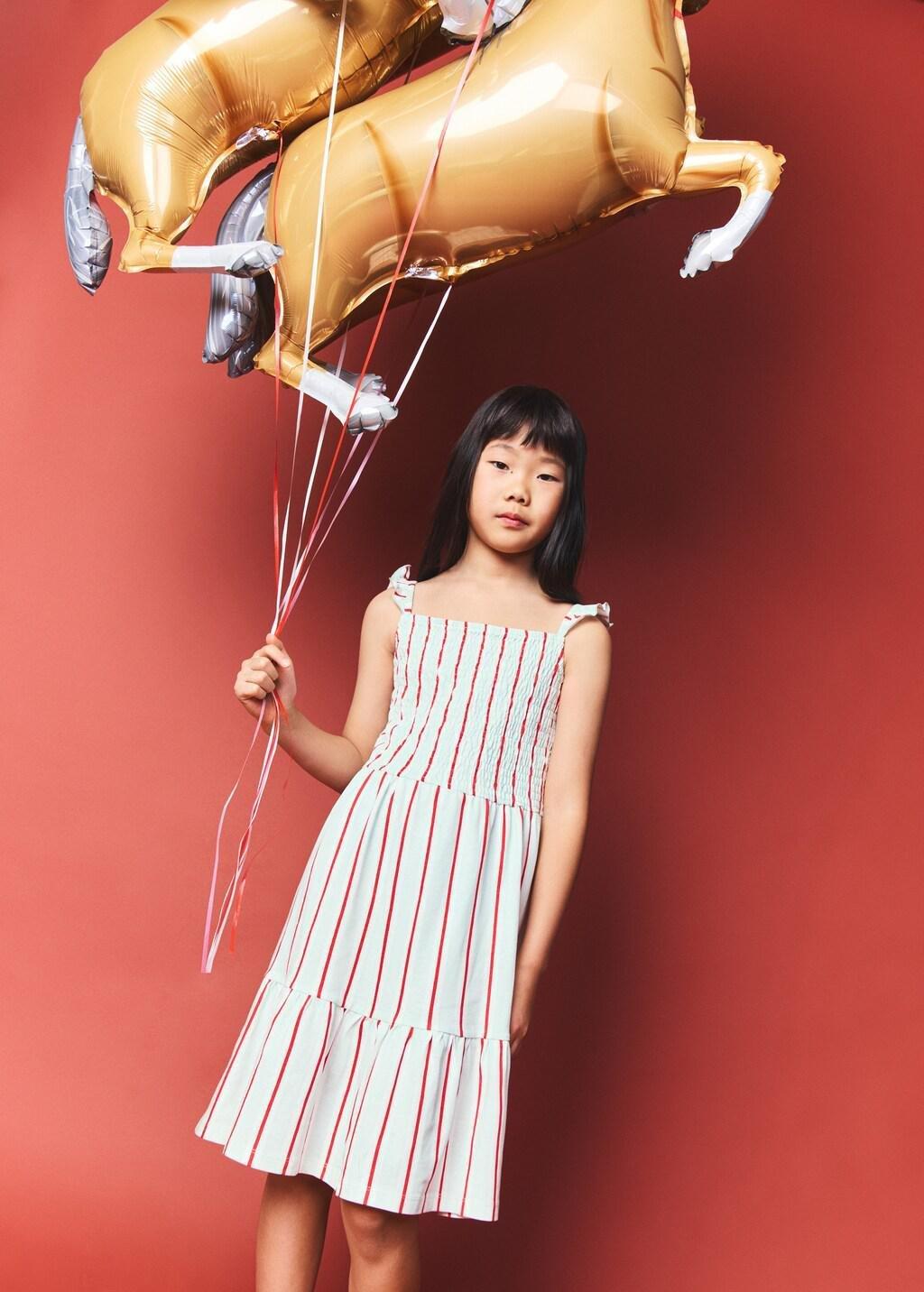 Green Ruffled Striped Dress, Kids Girls, Turquoise - Aqua, large image number 0