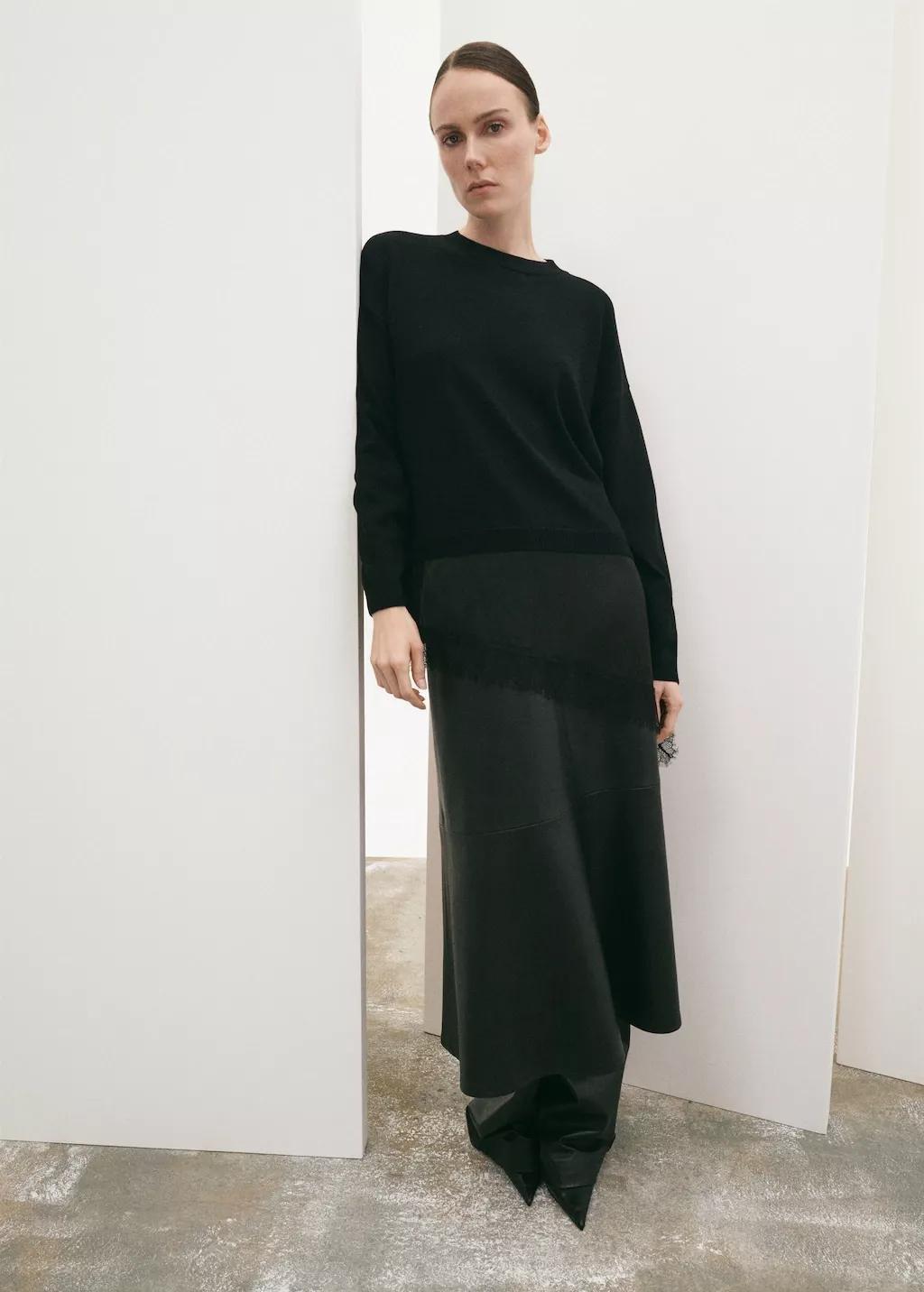 Black Long Sweater With Lace Combination, Black, large image number 0