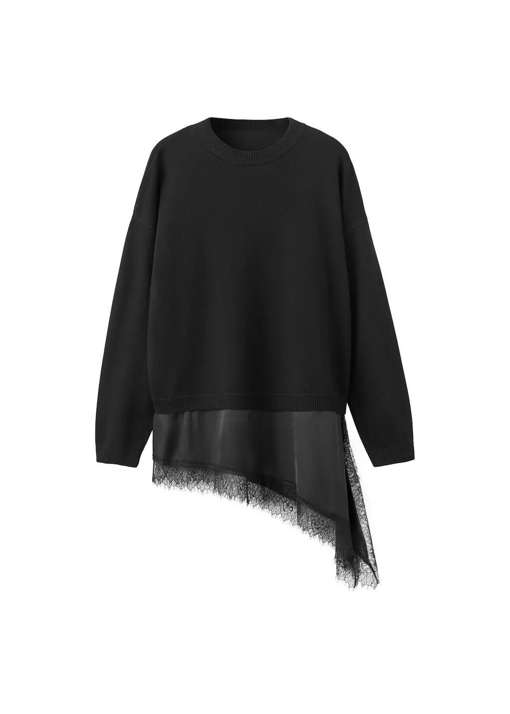 Black Long Sweater With Lace Combination, Black, large image number 5